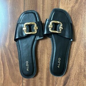 Aldo Black Slides with Gold Accents